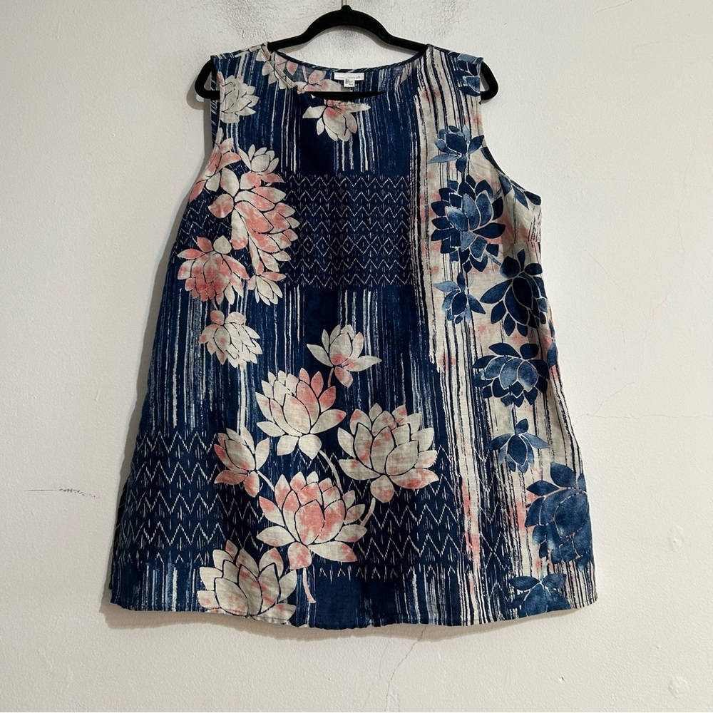 J. Jill Pure Jill Linen Blue Floral Abstract Tank Top Plus Size 2X Coastal Beach